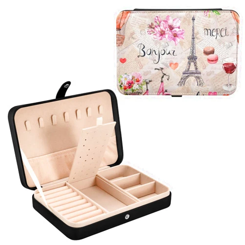 DOMIKING France Paris Eiffel Tower PU Leather Jewelry Box Ring Necklace Organizers Gift for Women Girls Travel Jewelry Storage Display Case for Bracelet Ring Earring Necklace