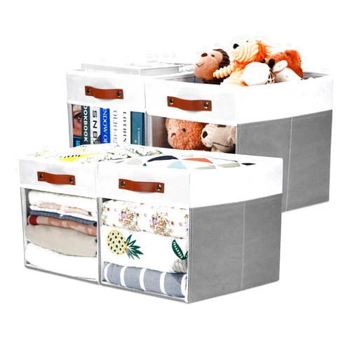 HNZIGE Fabric Cube Storage Bins for Organizing, 4 Pack 13x15x13 Storage Cube Bins Collapsible Storage Bins for Shelves, Closet Storage Bins Cubes for Cube Organizer Pantry Organization- White Gray