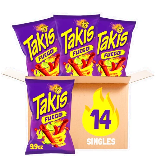 Takis Fuego 14 ct, 9.9 oz Sharing Size Case, Hot Chili Pepper & Lime Flavored Extreme Spicy Rolled Tortilla Chips