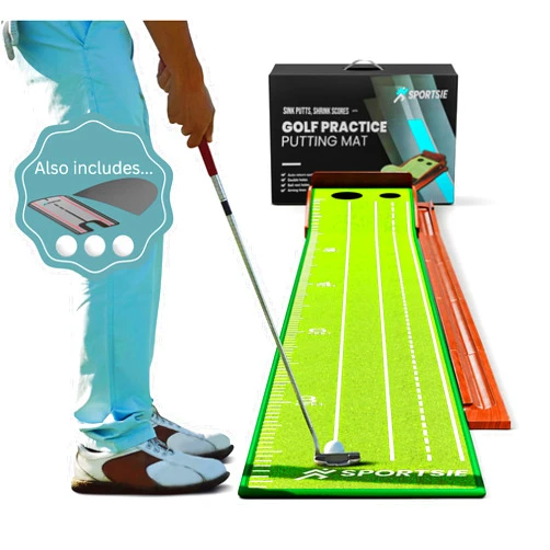 SPORTSIE 9.5FT Golf Putting Mat with Ball Return Tracks - Backyard Putting Green Kit with 3 Putter Ball, 2 Holes, and Putting Trainer Alignment Mirror - Nonslip Golf Putting Matt for Indoors Outdoors