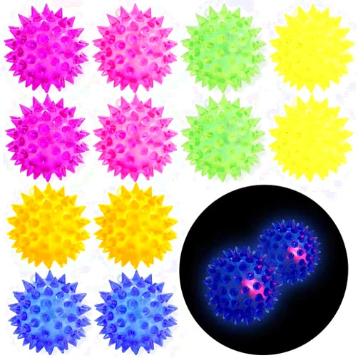 Deermon 12 Pack LED Light Up Fidget Sensory Bouncy Spiky Ball Squishy Glow in The Dark Flashing Stress Relief Spiky Balls Toy for Party Favors Kids Gifts School Rewards