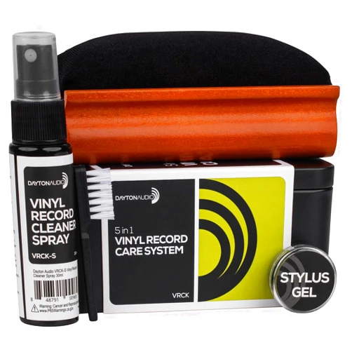 Dayton Audio Vinyl Record Cleaning Kit – VRCK 5-in-1 Complete Care System with Velvet Brush, Cleaning Solution, Stylus Gel, Dust Remover, and Metal Storage Case