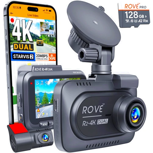 ROVE R2-4K DUAL Dash Cam Front and Rear, STARVIS 2 Sensor, FREE 128GB Card Included, 5G WiFi - up to 20MB/s Fastest Download Speed with App, 4K 2160P/FHD Dash Camera for Cars, 3