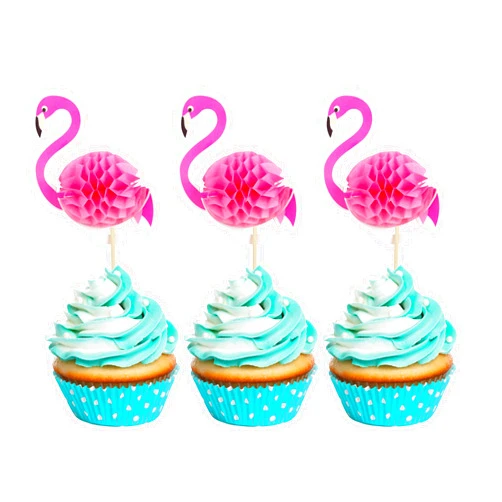 Ephlyn 24pcs 3D Flamingo Cupcake Toppers, Tropical Aloha Luau Cupcake Picks for Baby Shower, Summer Party, Wedding & Birthday Cake Decorations