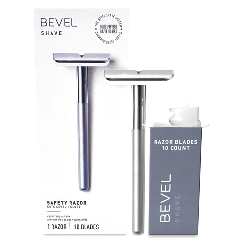Bevel Safety Razor with Brass Weighted Handle and 10 Double Edge Safety Blade Refills, Single Blade Razor for Men, Designed for Coarse Hair to Prevent Razor Bumps - Silver (Packaging May Vary)