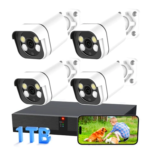 WESECUU 4K Security Camera System, 4pcs 2K PoE Wired Turret Cameras with Human Detection and 2 Way Talk, Color Night Vision, 8MP 4CH NVR with 1TB Hard Drive for 24/7 Local Recording, No Subscription (4 CAM)