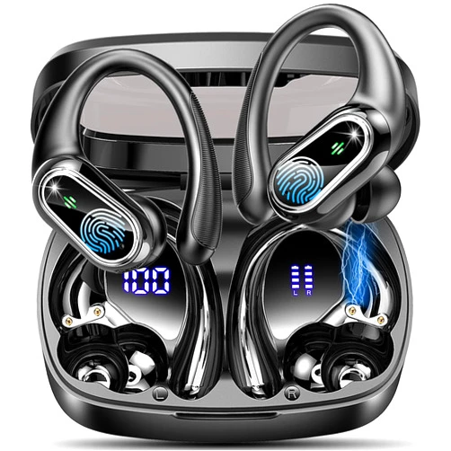 Poounur Wireless Earbuds, Sport Bluetooth 5.3 Headphones with Earhooks Bluetooth Earbuds in-Ear with HiFi Stereo Wireless Earphones 50H Playtime, IP7 Waterproof Dual LED Display, ENC Noise Cancelling, Running