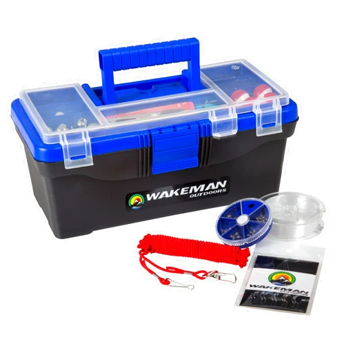 Wakeman Fishing Single Tray Tackle Box- 55 Piece Tackle Gear Kit Includes Sinkers, Hooks Lures Bobbers Swivels and Fishing Line by Wakeman Outdoors Blue,12.75