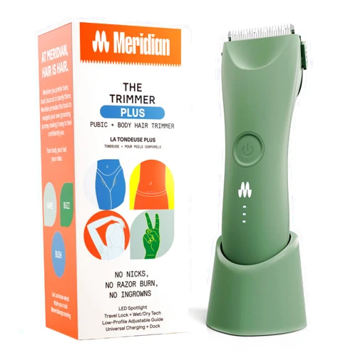MERIDIAN Trimmer Plus Body Hair Manscaping Trimmer, Adjustable Guard, USB C Charging, Flash Light, Travel Lock, Charging Dock, Bikini Trimmer, Mens Body Hair Trimmer - Sage