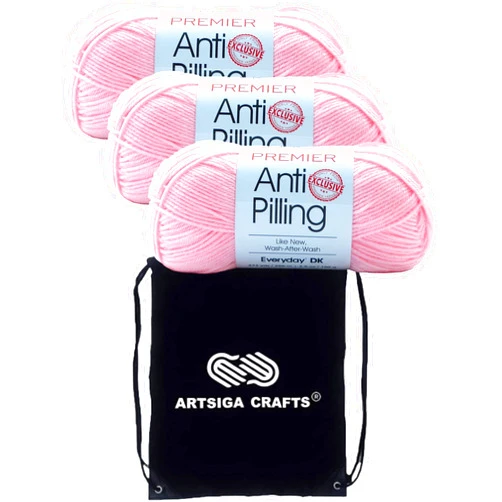Premier Yarns Anti-Pilling Everyday DK Baby Pink 1107-33 (3-Skeins-Same Dye Lot) DK Light Worsted #3 Anti-Pilling Acrylic Yarn for Crocheting and Knitting with Project Bag