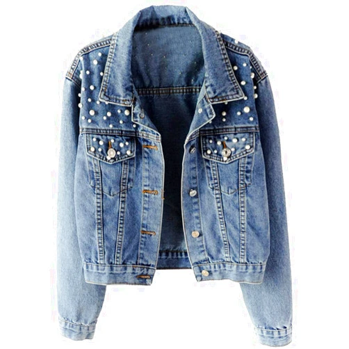 Kedera Women Oversized Denim Jacket Embroidered Pearls Beading Jeans Coat