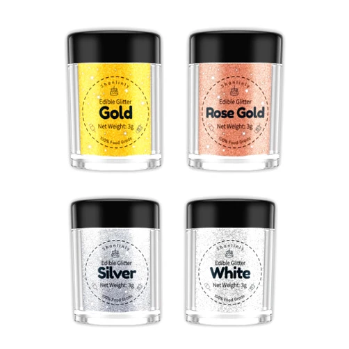 Shanlinly Edible Glitter Set - 4 Colors Food Grade Edible Glitter for Cake Strawberries Drink Dust Shimmering Glitter, Vegan Metallic Food Coloring Sprinkle on Sparkle for Chocolates, Fondant Pops