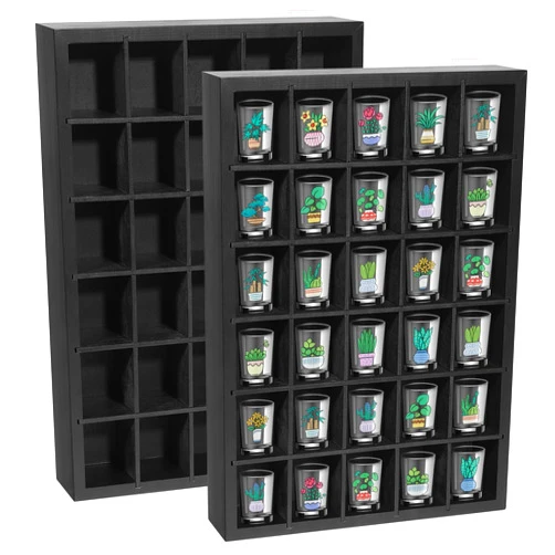 AGJIDSO Shot Glass Display Case 2Pack, 30 Slots Shot Glass Holder Wall Mounted, Solid Wood Shadow Box with Removable Shelves, Shot Glass Storage Case, Shot Glasses Shelf, Black