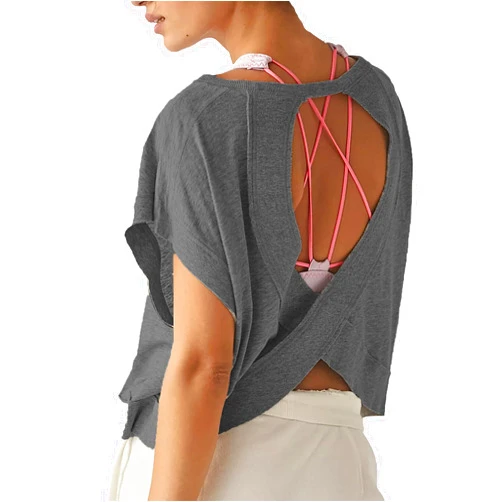 SHOLIFAS Women Workout Open Back Shirts Short Sleeve Oversized Athletic Crop Top Criss Cross Yoga T-Shirts
