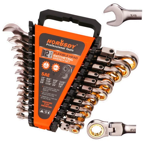 HORUSDY 12-Piece SAE Flex-Head Ratcheting Wrench Set Set with Organizer | 1/4” to 7/8“ Ratchet Combination Wrenches Set | 72-Teeth | Chrome Vanadium Steel