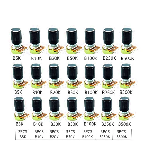 DaFuRui 21Pcs[7 Values x 3pcs] B5K B10K B20K B50K B100K B250K B500K Rotary Potentiometer Linear Potentiometer Kit 3 Terminals 20mm Shaft with Nuts, Washers and Aluminum Alloy knobs