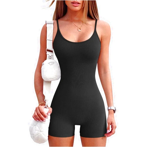 Blansdi Womens Jumpsuit Unitard Bodysuit Tummy Control Bodycon Yoga Rompers One Piece Ribbed Seamless Spaghetti Strap Outfits
