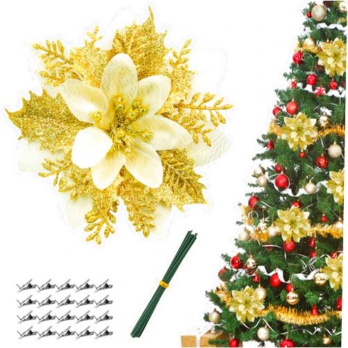 Bacucine 24PCS Poinsettia Flower Glitter Artificial Christmas Flowers with Clips Stems Poinsettias Christmas Decorations for Home Christmas Tree Decorations Party Wreath Christmas Decor (Gold)