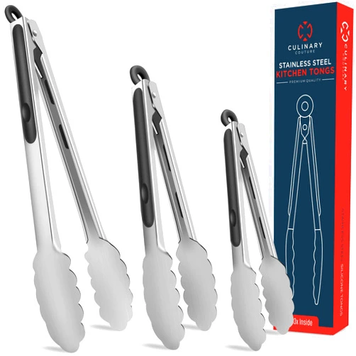 Culinary Couture Kitchen Tongs Stainless Steel, Set of 3 (7”, 9” and 12”) Heat Resistant Stainless Steel Tongs for Serving Food, Heavy Duty Locking Metal Tongs for Cooking Tongs, Salad Food BBQ Tongs, Kitchen Utensils