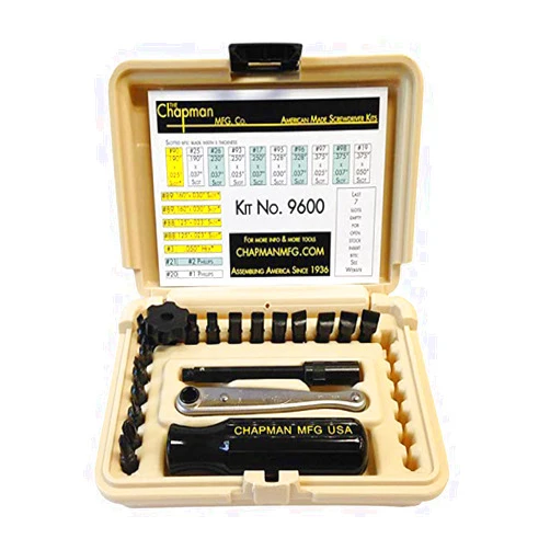 Chapman MFG 9600 Starter Slotted Screwdriver Set - 20 Pieces - Includes 14 Slotted Head Insert Bits, 2 Phillips, Mini Ratchet, Screwdriver Handle, Extension + Open Slots, USA Made (Desert Tan Case)
