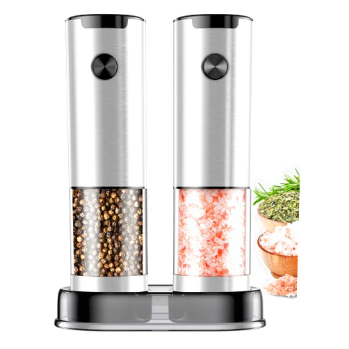 Ioion Electric Salt and Pepper Grinder Set Automatic Battery Pepper Mill Shakers Adjustable Coarseness Easy Filling Upgraded Larger Capacity with Led (2 Pack Stainless Steel）