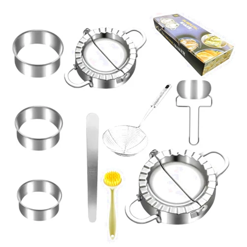 Generic PALPANA Stainless Steel Dumpling Maker Press Empanada Maker Mold for Kitchen including Dough Cutter, Flour Ring, Filling Spoon, Steel Strainer,Dumpling Mold and Plastic Brush