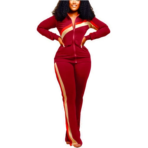 BFFBABY 2 Piece Outfits for Women Long Sleeve Striped Zipup Jacket Wide Leg Long Pant Retro Tracksuit Sport Set Wine Red