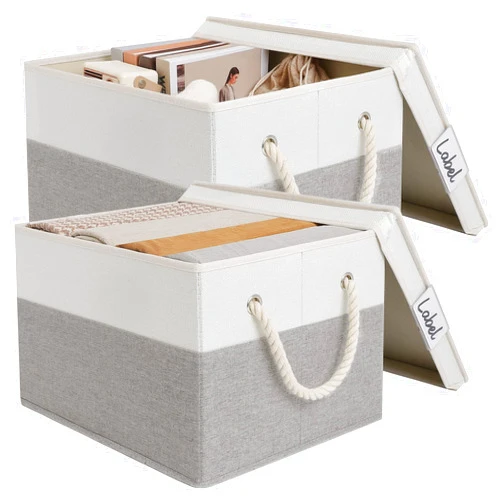 LoforHoney Home Fabric Storage Bins with Lids for Organizing, Foldable Storage Boxes with Lids for Shelves, Clothes Baskets with Cotton Rope Handles, Closet Storage Bins, XLarge, Beige & Gray, 2-Pack