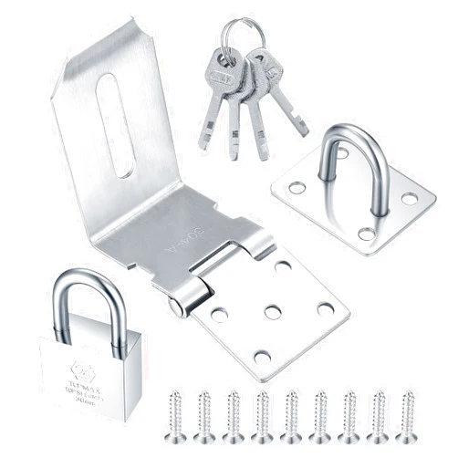 BJBJJIU 4 Inch 90 Degree Padlock Hasps, Stainless Steel Latch Lock Padlock Hasp with Padlock and Keys Set, Right Angle Safety Door Latches, Gate Lock Hasp Latches for Cabinets, Closets Doors (Silver)