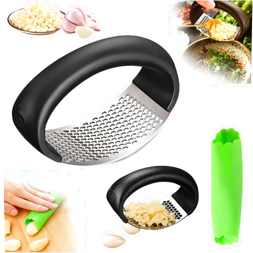 PUSKIU Stainless Steel Garlic Rocker, Presser & Mincer - Innovative Garlic Chopper, Crusher & Grinder - Masher with Peeler - Black