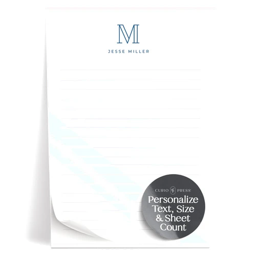 Curio Press Custom Stationary Note Pad - Personalized Notepads with Name and Monogram Initial, Stationery Set 3 Sizes, 50 or 100 Sheets, Unlined or Lined Stationery Notepad - Outline Mono Pad