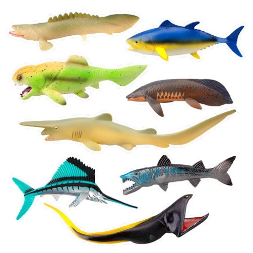 Toymany 8PCS Plastic Sea Animal Figures Ocean Animals Figurines Bath Toy with Dunkleosteus Shark Goblin Shark Pelican EEL Fish Figures Baby Shower Cake Toppers Birthday Gift for Kids