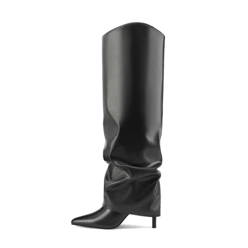 Vaslemuse Womens Fold Over Knee High Boots Stiletto High Heel Slouchy Tall Boots Pointed Toe Sexy Long Boots Fashion Dress Shoes with Side Zipper