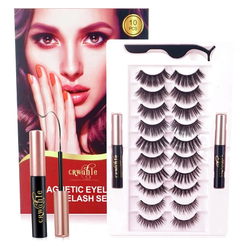 Crwahie Magnetic Eyelashes Kit ， Crwahie 10 Pair Magnetic Lashes with Eyeliner & Tool, 3D Long Lasting Magnetic Eyelashes Natural Look Reusable Sweatproof False Eyelashes, Easy to Wear, No Glue Needed
