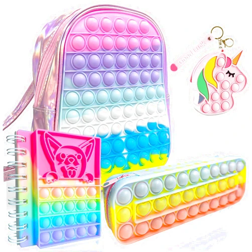 LEPECQ Pop Fidget Backpack for Girls & Notebook, Pencil Case, Keychain Pop Purse It Set for Kids Child Stress Relief, Pop Fidget Toys Gift for Birthday Party Favor Pop Its Bag Rewards Back to School Supplies