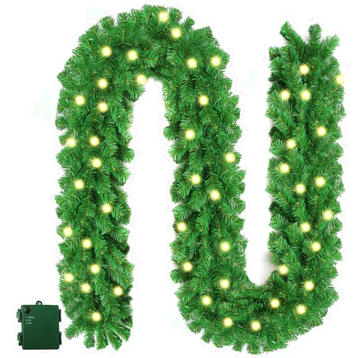 C APPOK Christmas Garland with Timer, Prelit Xmas Garlands with 50 LED Lights - Outdoor Lighted Christmas Garlands with Battery Powered String Light for Indoor, Party, Home Decor, 9 Ft by 10 Inch
