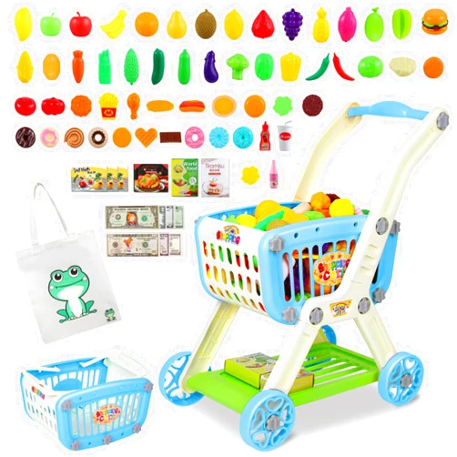 Ming You Kids Shopping Cart - 2 in 1 Toy Shopping Cart with Play Food Fruit Vegetable Dessert and Shop Accessories, 72pcs Pretend Play Grocery Store Toy Kitchen Game Trolley Play Set for Kids (Blue)