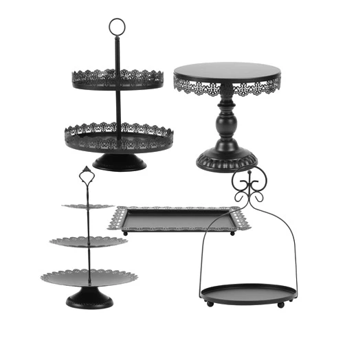 ZUMELER 5Pcs Black Cake Stands Set Metal Cupcake Holder Cookies Dessert Display Plate Serving Tower Tray Platter with Handl for Baby Shower Wedding Birthday Party Celebration