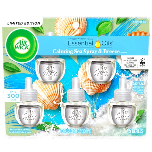 Air Wick Plug in Scented Oil Refill, 5ct, Calming Sea Spray & Breeze, Air Freshener, Essential Oils