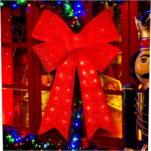 TWINGLEHOME 60cm(24in) 40LED Christmas Tree Topper Decorative Bows, Christmas Glitter Red Bows for Indoor Outdoor
