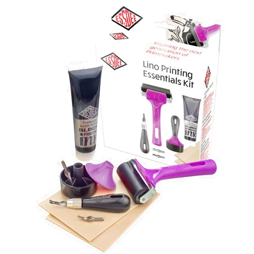 ESSDEE Block Printing Essentials Kit Includes 2 Ink Rollers, 3 Lino Cutters, Lino Handle, Printing Ink and Carving Block || Used in Art, Craft and Carving Stamps || Made in The UK