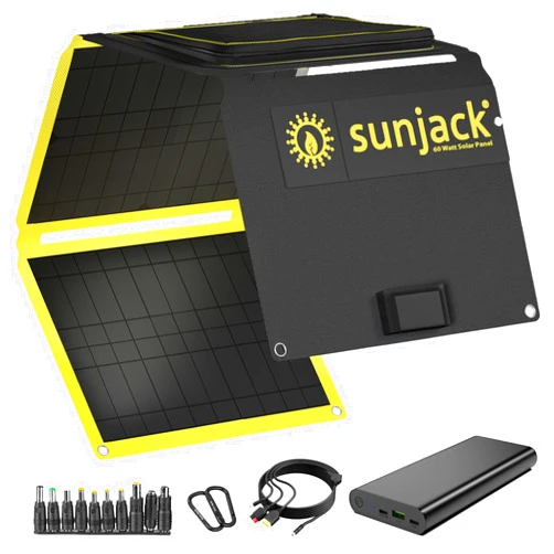 SunJack 60W Folding IP67 Waterproof ETFE Portable Solar Panel Charger with Kickstands + 100W 25600mAh Power Bank, DC/USB-A/USB-C PD30 for Phone, Laptop, Power Station, Hiking, Camping, Emergency