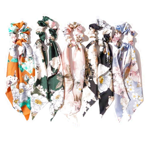 Outyua Bow Detachable Hair Scarf Scrunchies Flower Chiffon Elastic Scrunchy Hair Ties Satin Ponytail Bowknot Scrunchies Vintage Hair Accessories for Women and Girls 5Pcs
