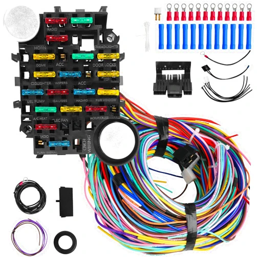 Saree Universal 21 Circuit Wiring Harness Kit, 21 Circuit Wiring Harness Kit, Universal Extra Long Wire 21 Circuit Wiring Harness Standard Color 17 Fuses for GM Chevy Chrysler Ford Mopar Hotrods Ratrods