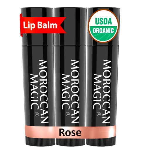 Moroccan Magic Organic Rose Lip Balm 3 Pack | Chapsticks for Dry Lips | Natural Argan & Essential Oils Lip Moisturizer + Vitamin E | Smooth, Hydrating, Non-Toxic | Organic Lip Balm Set