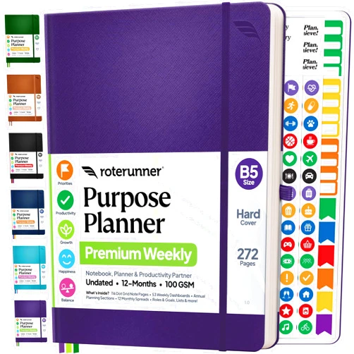 Roterunner Purpose Planner Notebook B5 7.5”x9.8” 12 Month Undated 2026 Daily Weekly and Monthly Productivity Goal Setting Tool for Work Home ADHD Planner for Adults Self Care Journal
