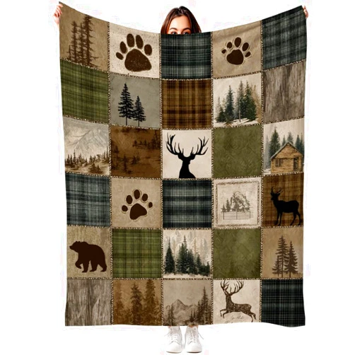 DEMCEAR Rustic Cabin Throw Blanket Wildlife Hunting Bear and Deer Brown Green Plaid Patchwork Lodge Blankets Soft Cozy Flannel Fleece for Living Room Bedroom Couch Sofa Bed Camping, 50x60 Inch