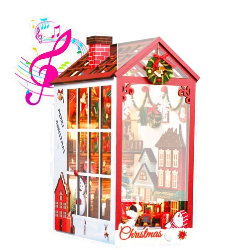 Insgen Book Nook Bookshelf Inserts Miniature Scenes Dollhouse Kit, 3D Wooden Bookend Puzzle DIY Craft Christmas Booknook Decor Diorama Kits Gifts for Adults Teens, with Music & Inductive Lighting