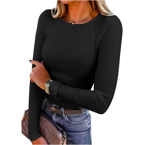 ANRABESS Women Long Sleeve Crewneck Rib Knit Slim Fit Shirts Basic Tee Tops 2024 Casual T-Shirt Going Out Workout Outfits
