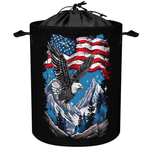Generic American Flag Ea-gle Round Laundry Bag Collapsible Storage Hamper Basket with Drawstring Cover and Handle for Bathroom